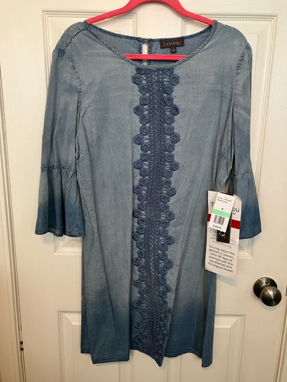 Luxology Light Blue Chambray Crochet-Trim Bell Sleeve Dress